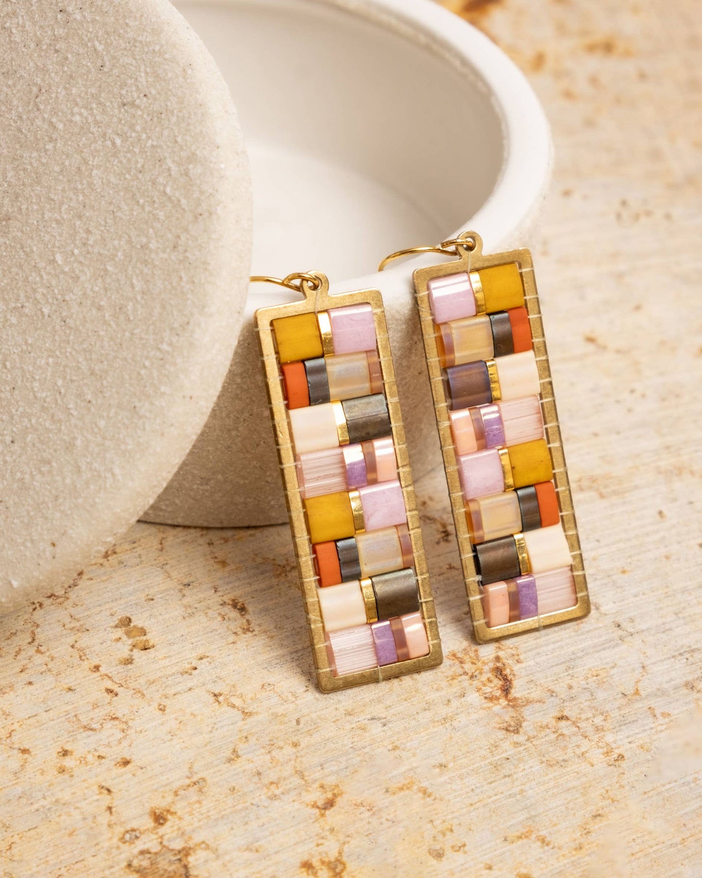 Handwoven Mosaic Tila and Brass Earrings | Lilac