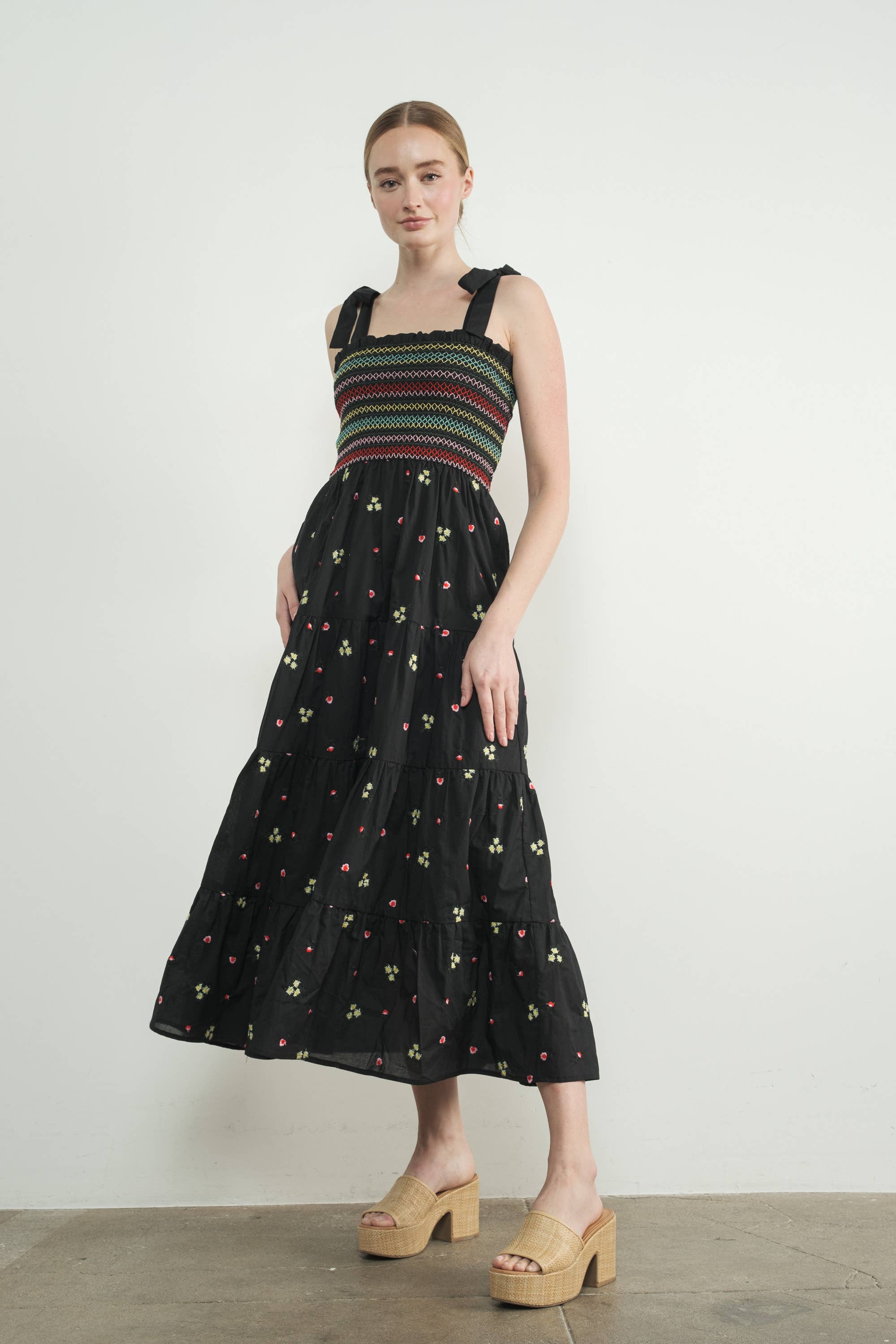 Embroidiered Smocked Bodice Floral Dress