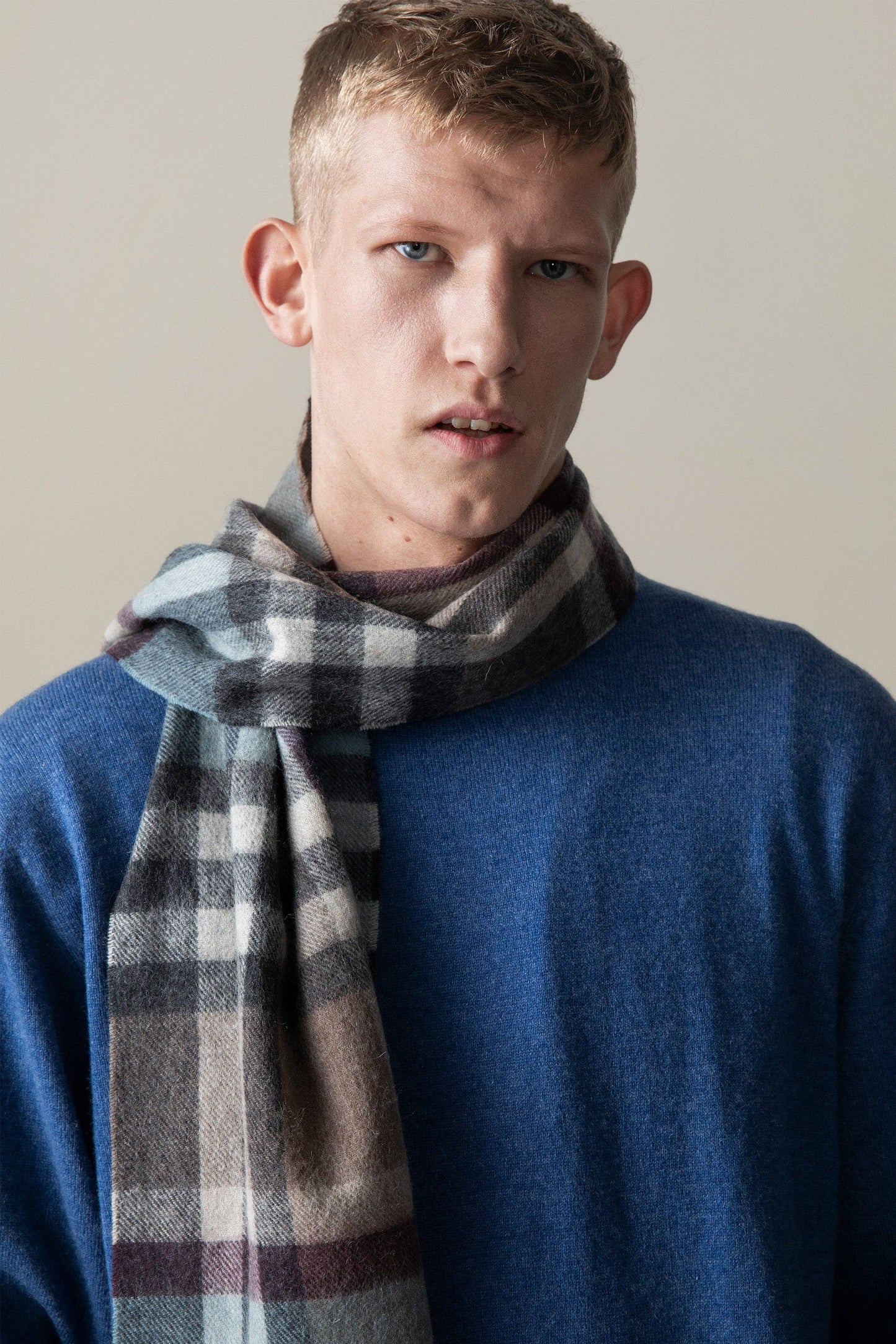 Tartan Lambswool Scarf | Blue Taupe