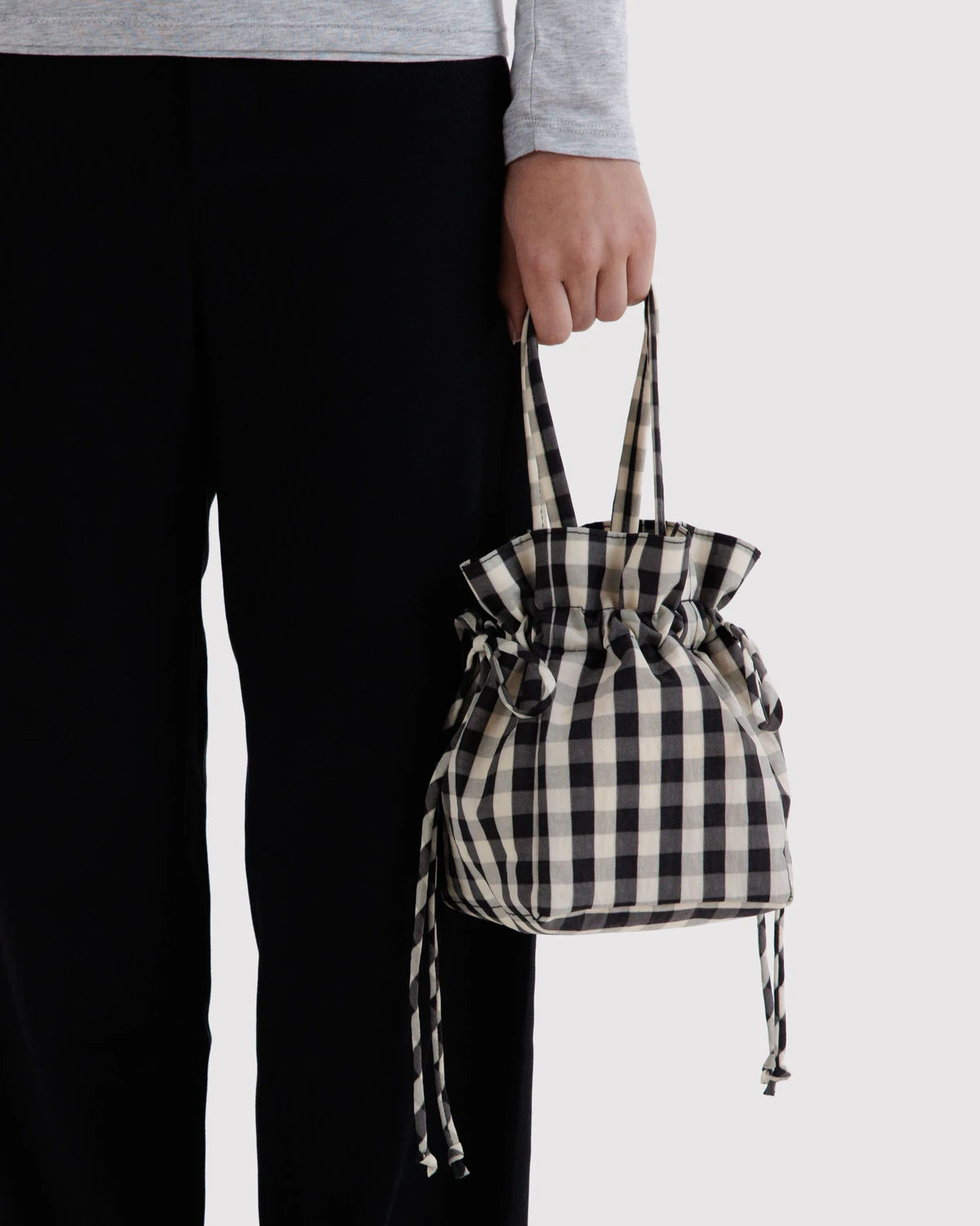 Nylon Drawstring Bag | Black and Cream Gingham