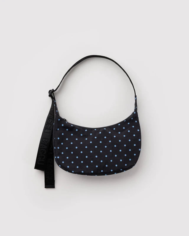 Small Crescent Bag | Black and Sky Blue Micro Dot