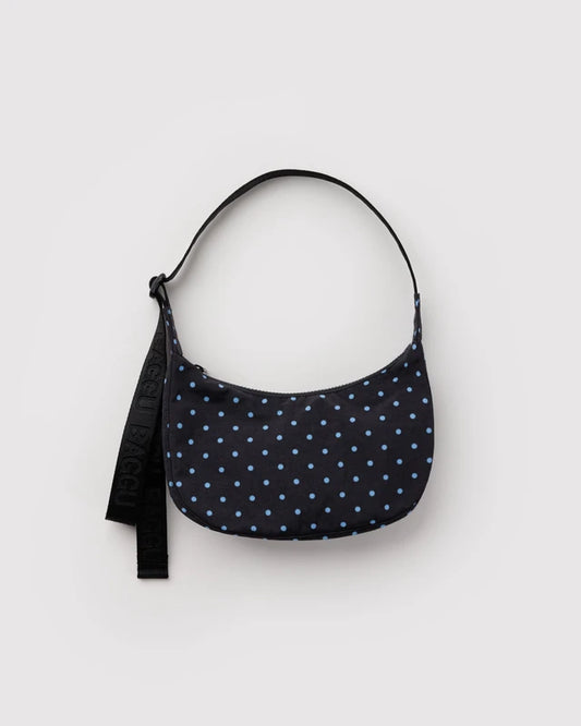 Small Crescent Bag | Black and Sky Blue Micro Dot