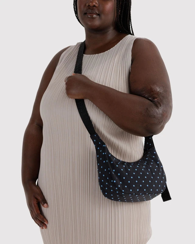Small Crescent Bag | Black and Sky Blue Micro Dot