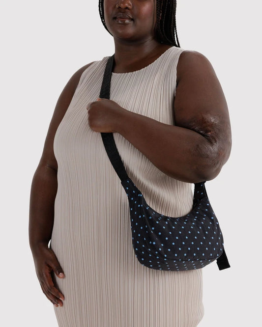 Small Crescent Bag | Black and Sky Blue Micro Dot