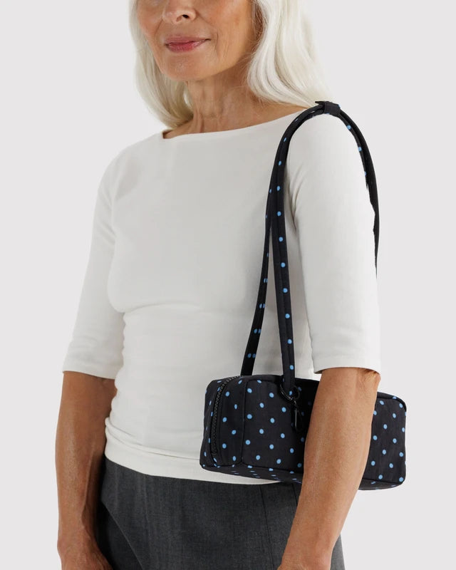 Small Bowler Bag | Black and Sky Blue Micro Dot