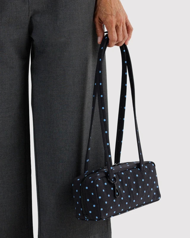 Small Bowler Bag | Black and Sky Blue Micro Dot