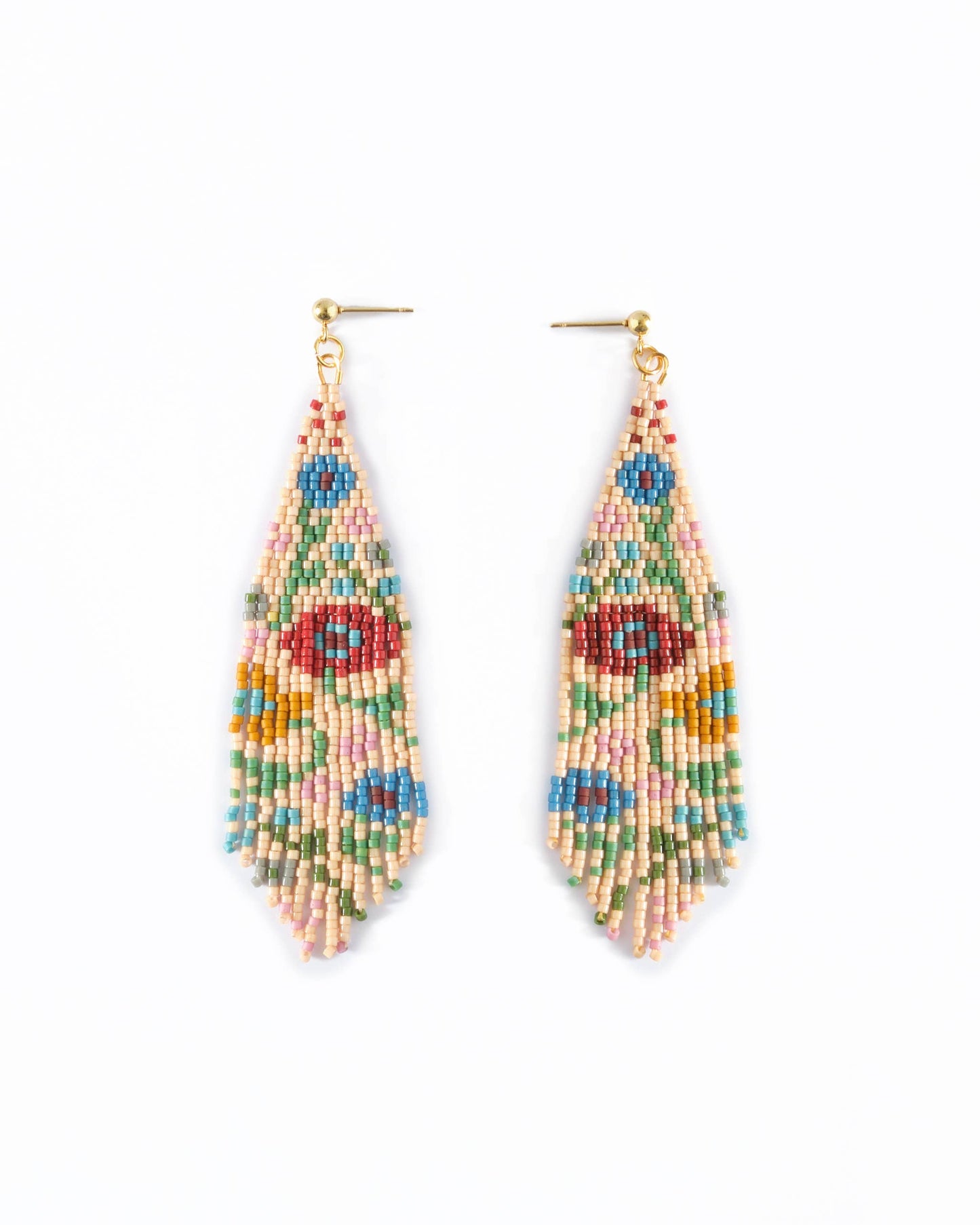 Beaded Handwoven Wildflower Fringe Earrings | Tan