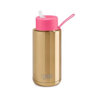 Chrome Ceramic Bottle Straw Lid | 34oz Gold & Neon Pink