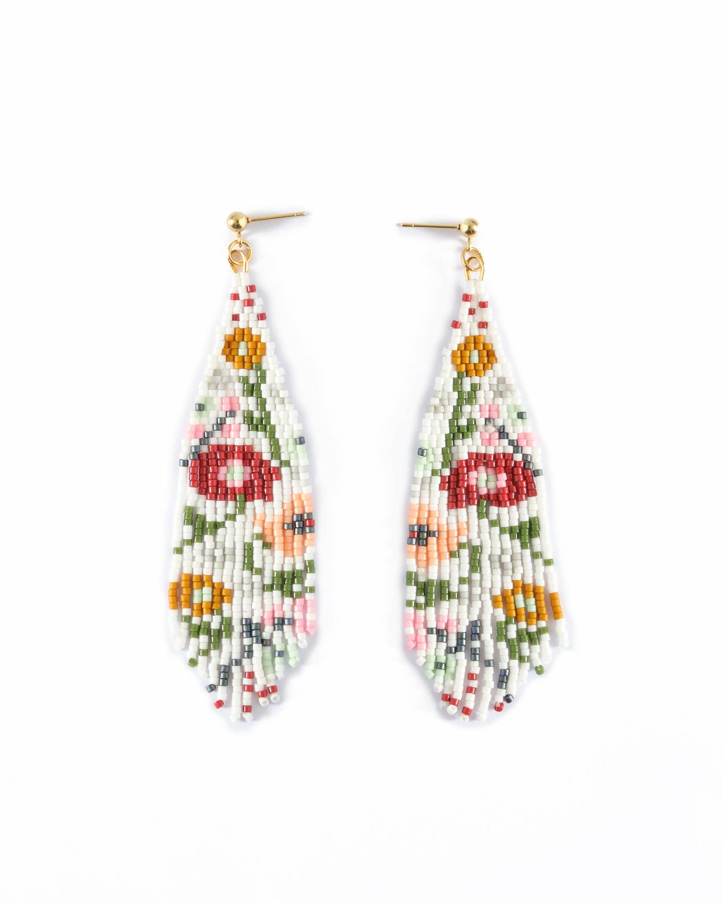 Beaded Handwoven Wildflower Fringe Earrings | White