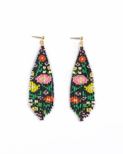 Beaded Handwoven Wildflower Fringe Earrings | Black